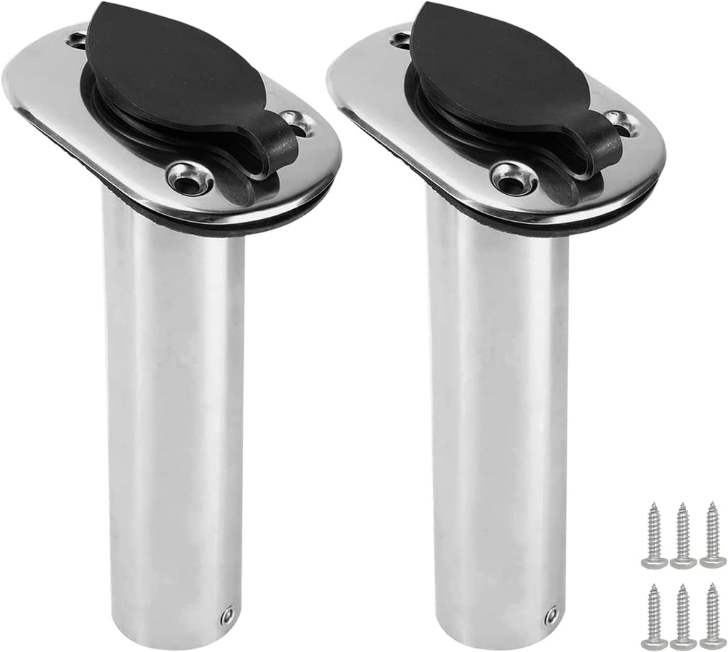 2PCS Boat Stainless Steel Polished Fishing Rod Holder Flush Mount 15/30/90 Degree Casting Flange with Rubber Cap, Liner, Gasket PVC Cap and Inner Tube for Marine Yacht Kayak 2pcs 15�