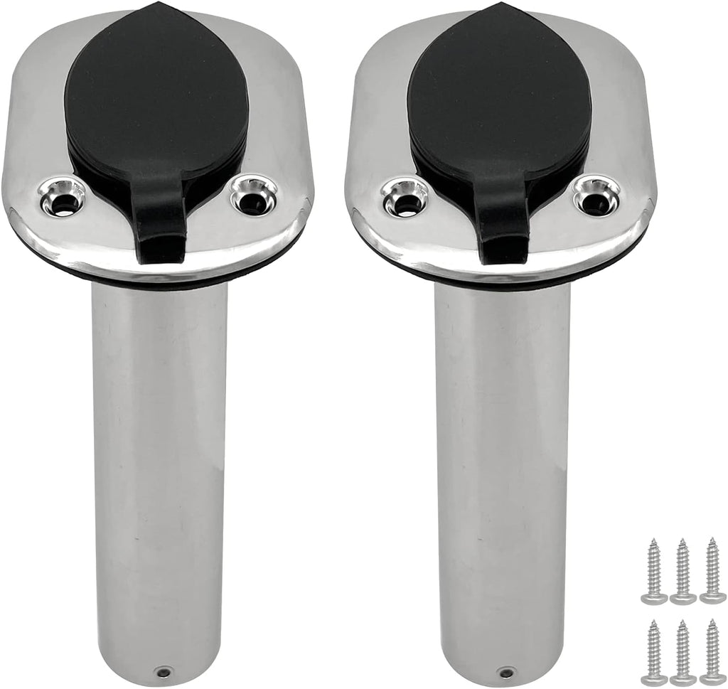 2PCS Boat Stainless Steel Polished Fishing Rod Holder Flush Mount 15/30/90 Degree Casting Flange with Rubber Cap, Liner, Gasket PVC Cap and Inner Tube for Marine Yacht Kayak 2pcs 15�