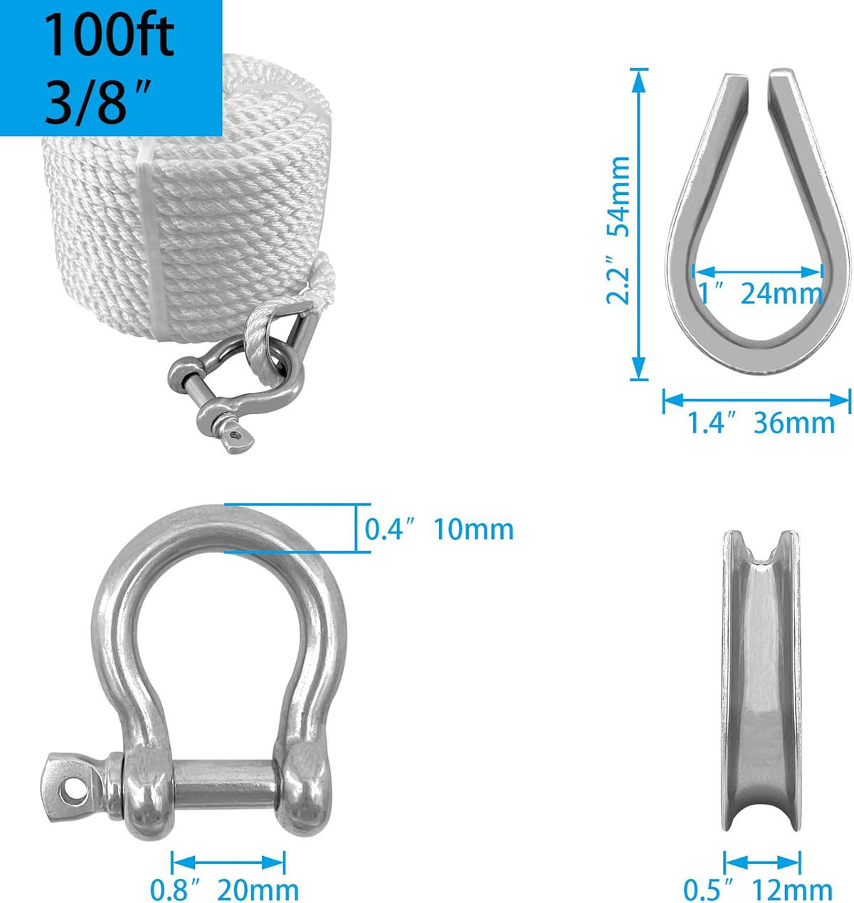 Solid Braid Nylon Anchor Rope (3/8" x 100') Line Boat with Stainless Steel Thimble & Shackle