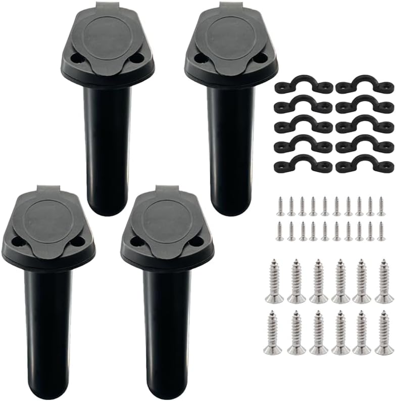 4pc Kayak Fishing Rod Holder - Plastic Flush Mount Boat Holders with Cap Cover for Canoe and Tackle Accessory