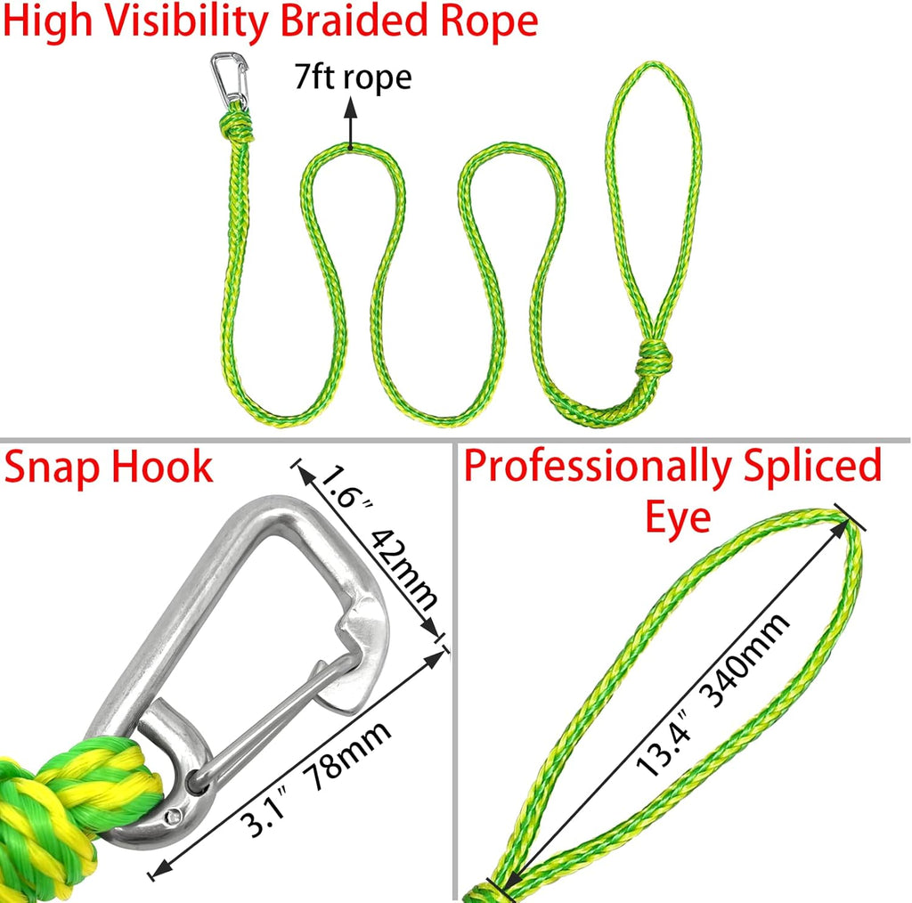 Kayak Tow Rope with Clip Dock Lines Heavy Duty Braided Line Ideal for Jet ski,watercraft Boat, Kayaking, Marine Sets of Two Ropes 1/2 Inch Diameter x 7ft Lengths Green