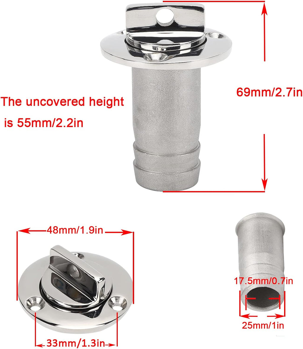 1" Boat Garboard Drain Plug Gas Fuel Deck Fill/Filler with Keyless Cap Marine Mirror- Polished 316 Stainless Steel Hardware for Yacht Caravan