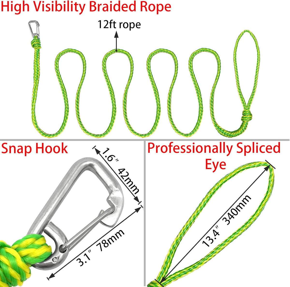 Kayak Tow Rope with Clip Dock Lines Heavy Duty Braided Line Ideal for Jet ski,watercraft Boat, Kayaking, Marine Sets of Two Ropes 1/2 Inch Diameter x 12 ft Lengths Geen