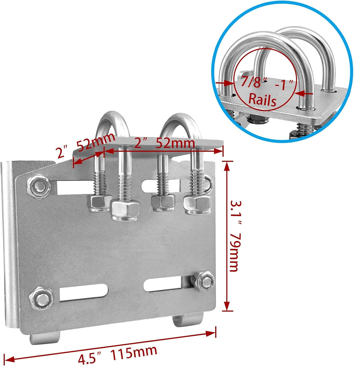 Stainless Steel Horizontal Stanchion Rail Mount Anchor Bracket, Fluke Bracket Rugged Durable High Hardness (Fits 7/8" to 1" Rails) for Boats Yachts Ships