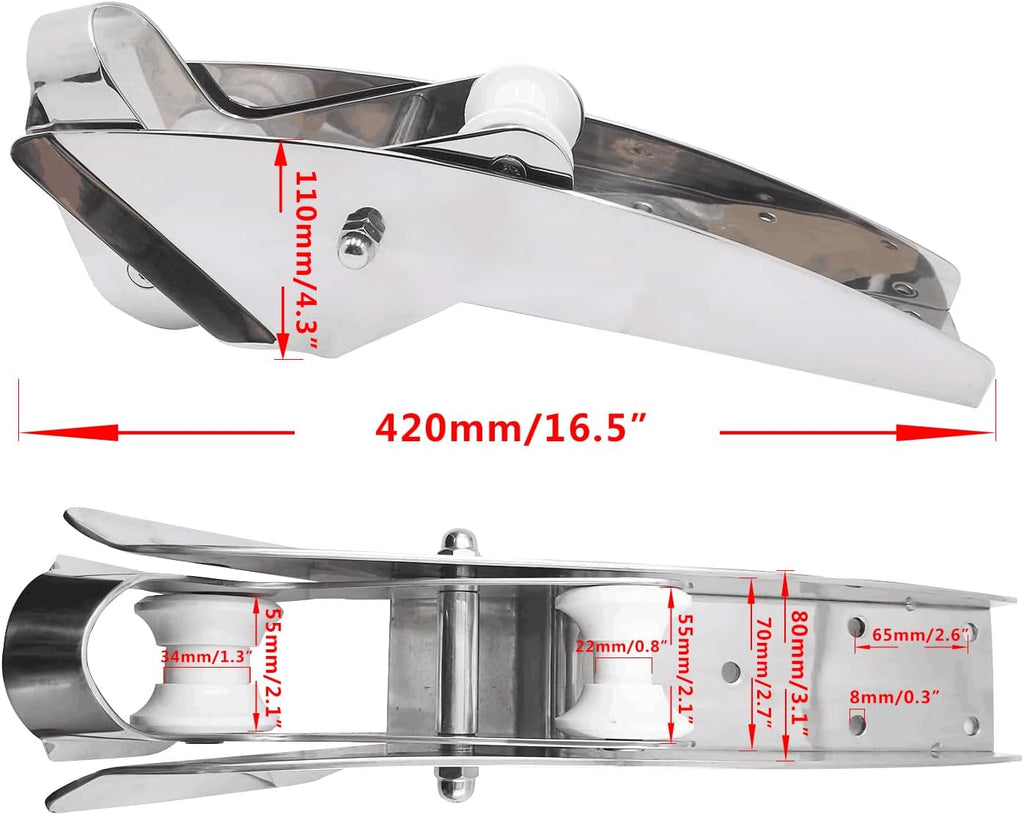 AISI 316 Stainless Steel Hinged Self-Launching Bow Anchor Roller with pivoting Dual-Roller 16.5'' for Marine Yacht Docking Accessories