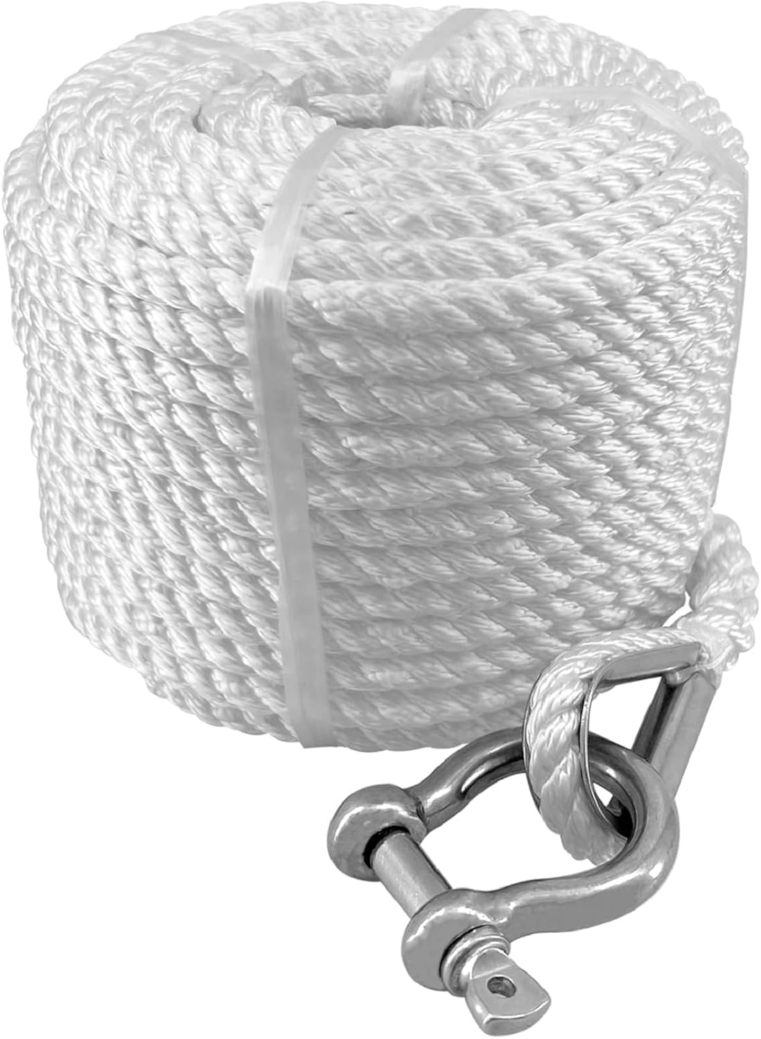 Solid Braid Nylon Marine Anchor Rope 3/8" x 75' White Line Boat with Stainless Steel Thimble & Shackle