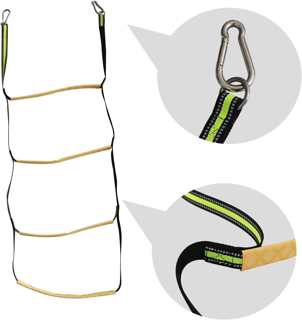 4 Step Boat Rope Ladder, Green and Yellow, Nylon Stainless Steel, 400 lb Load Capacity