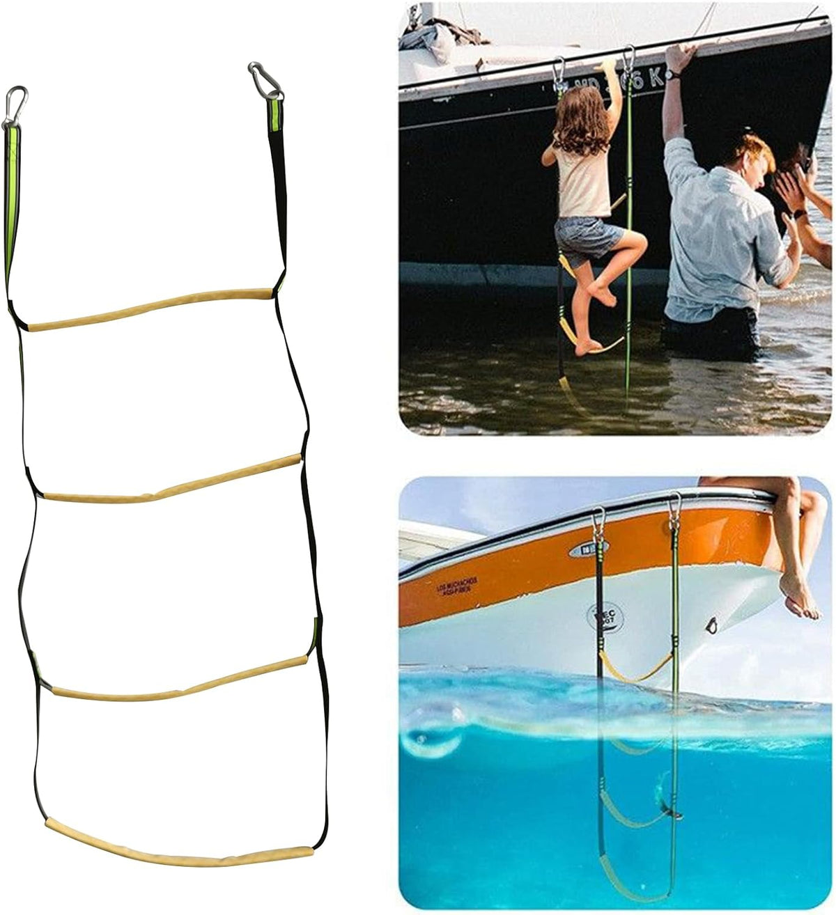 4 Step Boat Rope Ladder, Green and Yellow, Nylon Stainless Steel, 400 lb Load Capacity