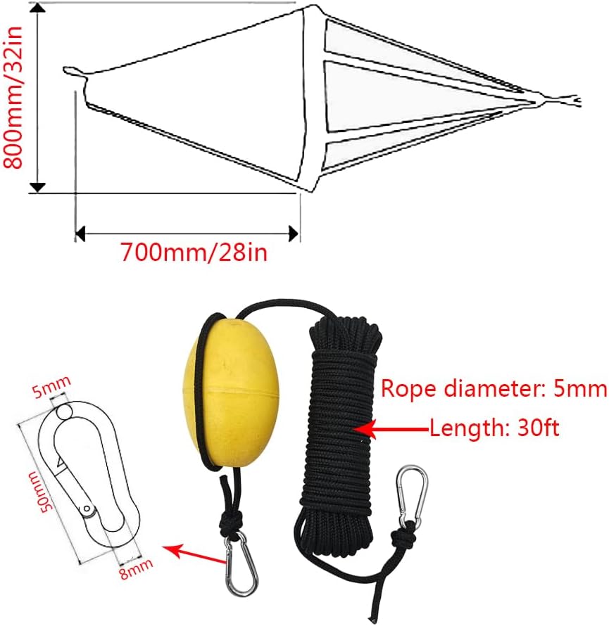 Sea Anchor Drift Sock 18"/32" Parachute Fishing Drogue for Marine Boat  32 in For15-20 ft