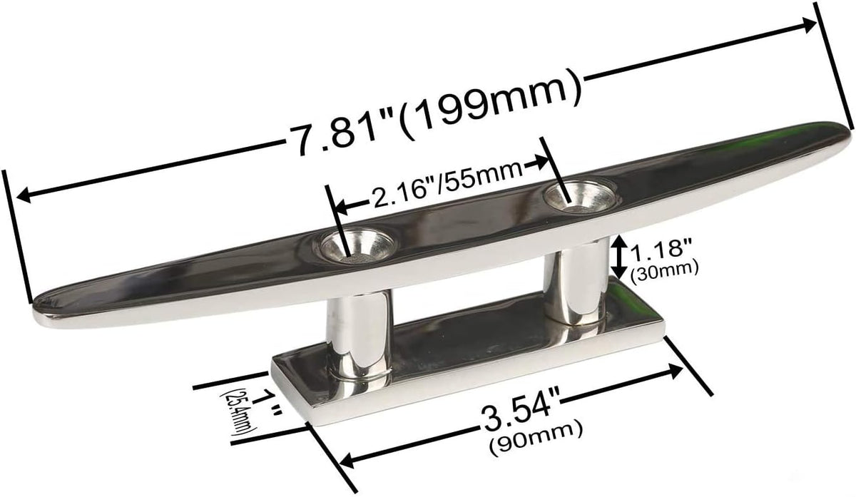 Boat Cleat 8" 316 Stainless Steel Flat Top Low Silhouette Marine Mast