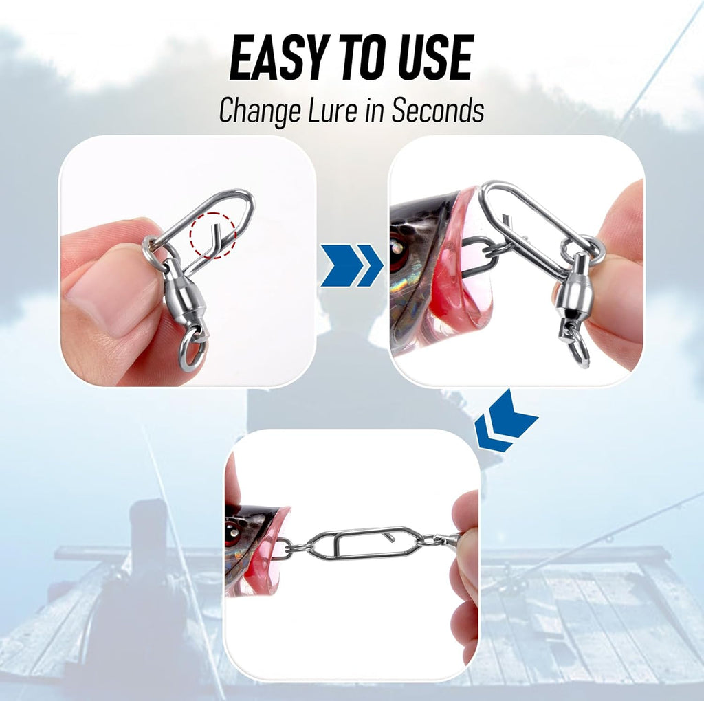 30-Pack Fishing Speed Clips Quick Change Snap Swivels, Ball Bearing Swivel Power Swivels Freshwater Saltwater Crankbait Popper Lures Snaps Connectors Tackle  Size 0+S (33LB) 30pcs