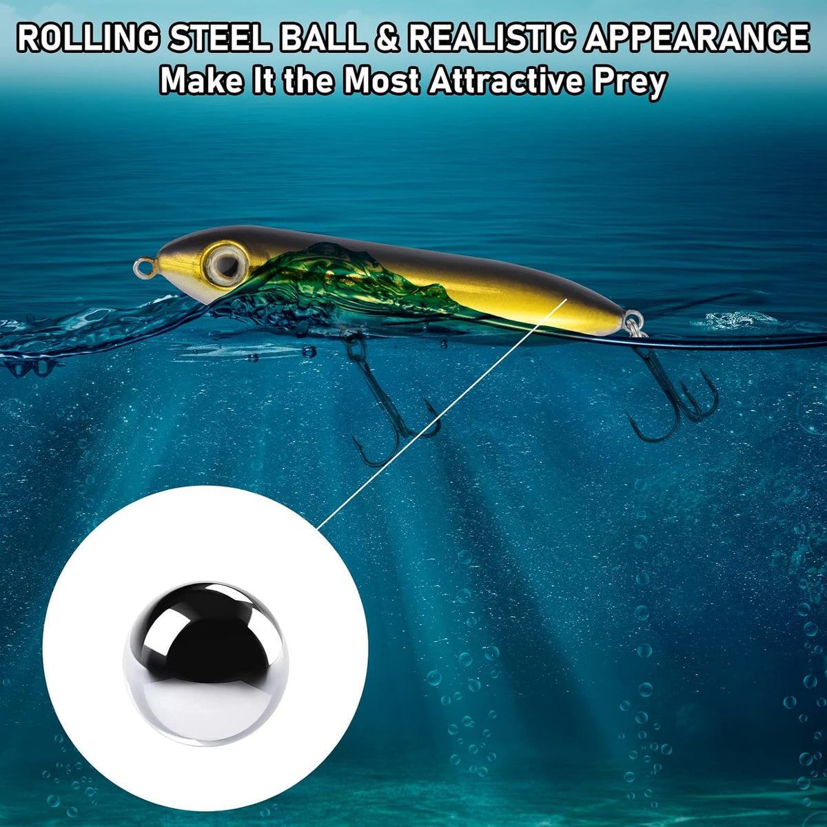 Top Water Fishing Lures Kit for Saltwater and Freshwater, Bass Treble Hooks Hard Baits, Walk-The-Dog Lure Set Pike, Striper, Speckled Trout