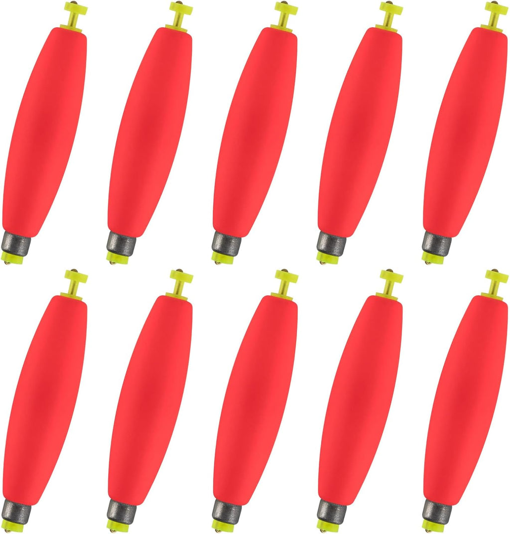 10-Pack Fishing Bobbers Floats, Weighted for Cigar EVA Foam Snap-on Floats Corks Floaters Buoys Crappie Bass Panfish Bluegills Trout Red 1.4IN - 3/32OZ