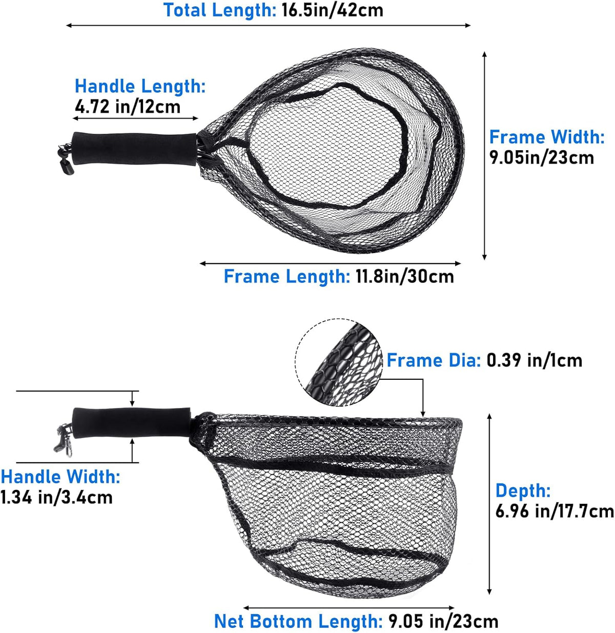 Fly Fishing Net with EVA Handle, Ice Landing Nets CNC Aluminum Alloy Frame, Rubber Coated Mesh Trout Kayak for Crappie Bass Sunfish Bulegill Panfish Black