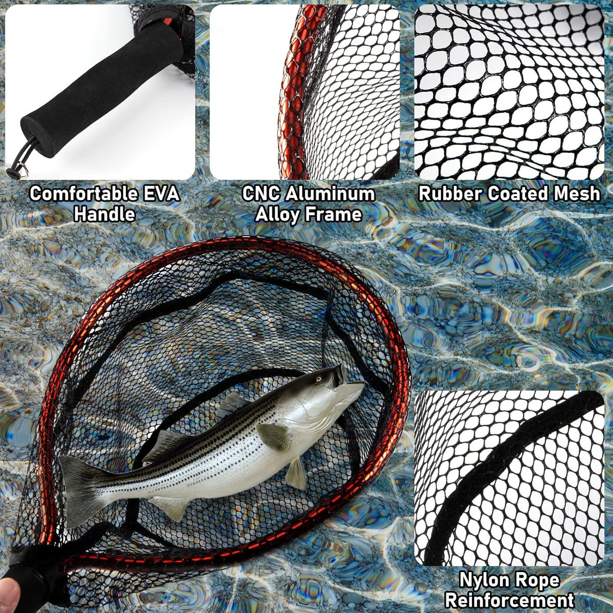 Fly Fishing Net with EVA Handle, Ice Landing Nets CNC Aluminum Alloy Frame, Rubber Coated Mesh Trout Kayak for Crappie Bass Sunfish Bulegill Panfish Black