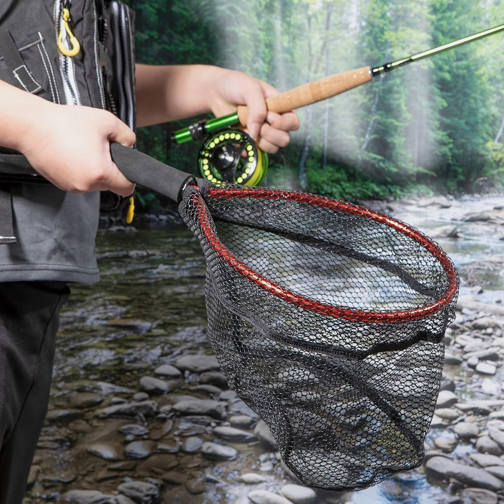 Fly Fishing Net with EVA Handle, Ice Landing Nets CNC Aluminum Alloy Frame, Rubber Coated Mesh Trout Kayak for Crappie Bass Sunfish Bulegill Panfish Black