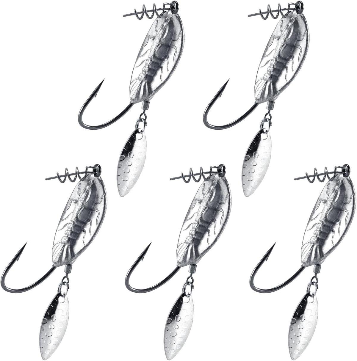 5-Pack Weighted Swimbait Hooks with Underspin, Pin Spring Fishing Hook Willow Spinner Blades Silver Gold, 1/7-3/8oz Bass Swivels Spinnerbait Weedless for Soft Lures 1/7oz