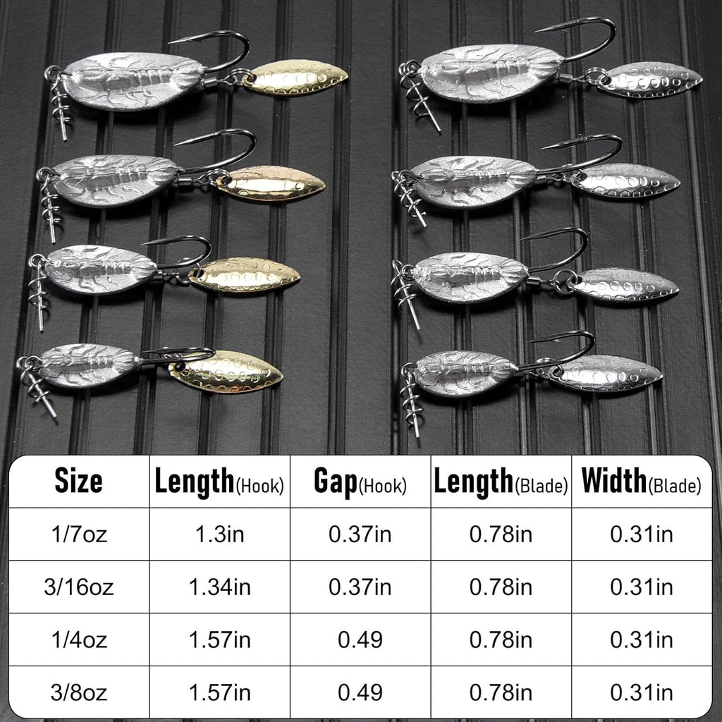 5-Pack Weighted Swimbait Hooks with Underspin, Pin Spring Fishing Hook Willow Spinner Blades Silver Gold, 1/7-3/8oz Bass Swivels Spinnerbait Weedless for Soft Lures 1/7oz