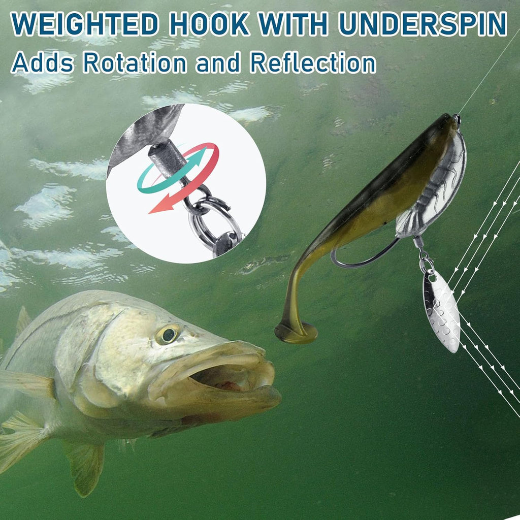 5-Pack Weighted Swimbait Hooks with Underspin, Pin Spring Fishing Hook Willow Spinner Blades Silver Gold, 1/7-3/8oz Bass Swivels Spinnerbait Weedless for Soft Lures 1/7oz