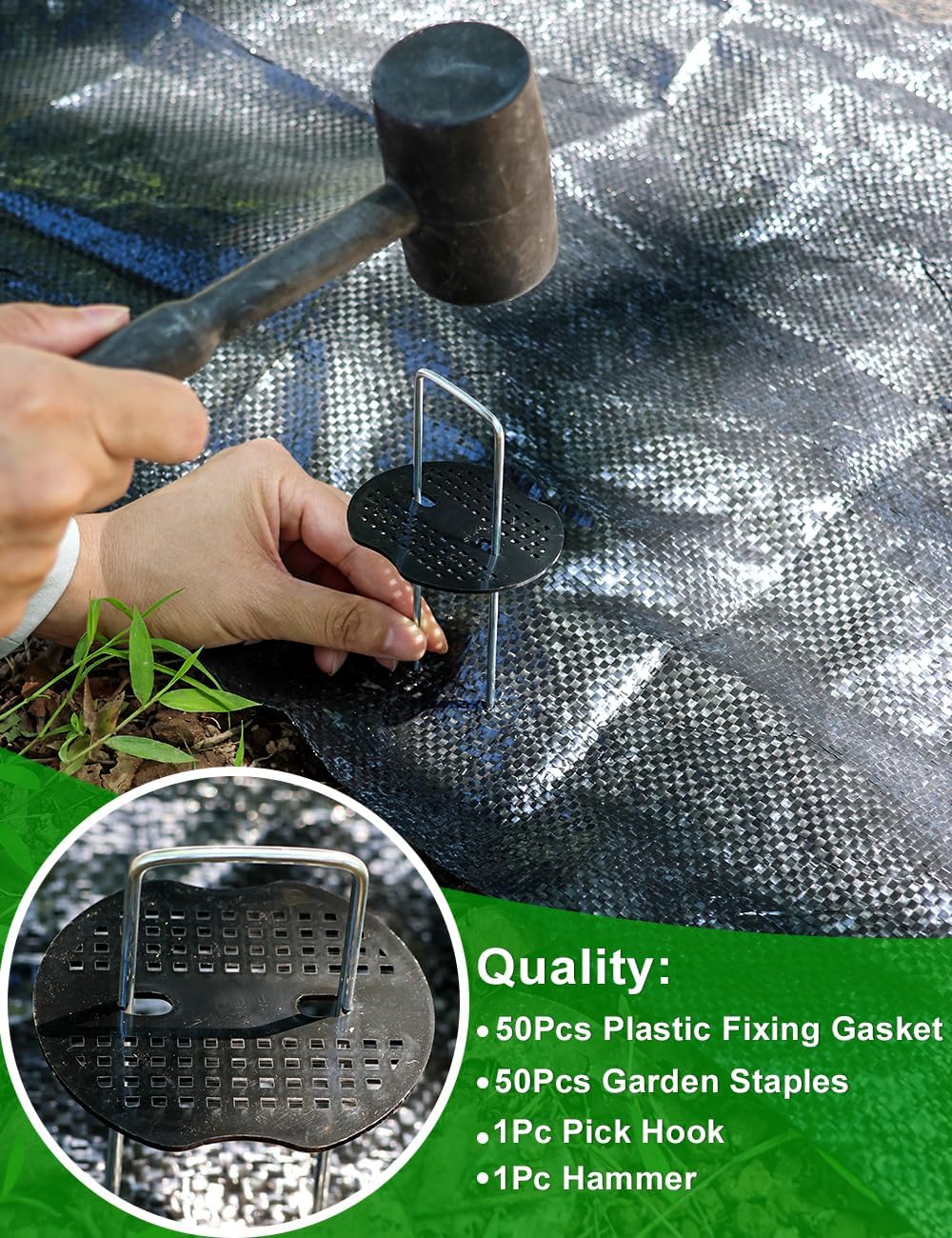 102Pcs 6 Inches Landscape Staples with Gasket Kit. 50Pcs U-Shaped Garden Stakes and Plastic Fixing Gasket, with Pick Hook and Black Hammer. Pins for Tent Turf Weed Barrier Fabric Hose Fence