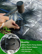 102Pcs 6 Inches Landscape Staples with Gasket Kit. 50Pcs U-Shaped Garden Stakes and Plastic Fixing Gasket, with Pick Hook and Black Hammer. Pins for Tent Turf Weed Barrier Fabric Hose Fence