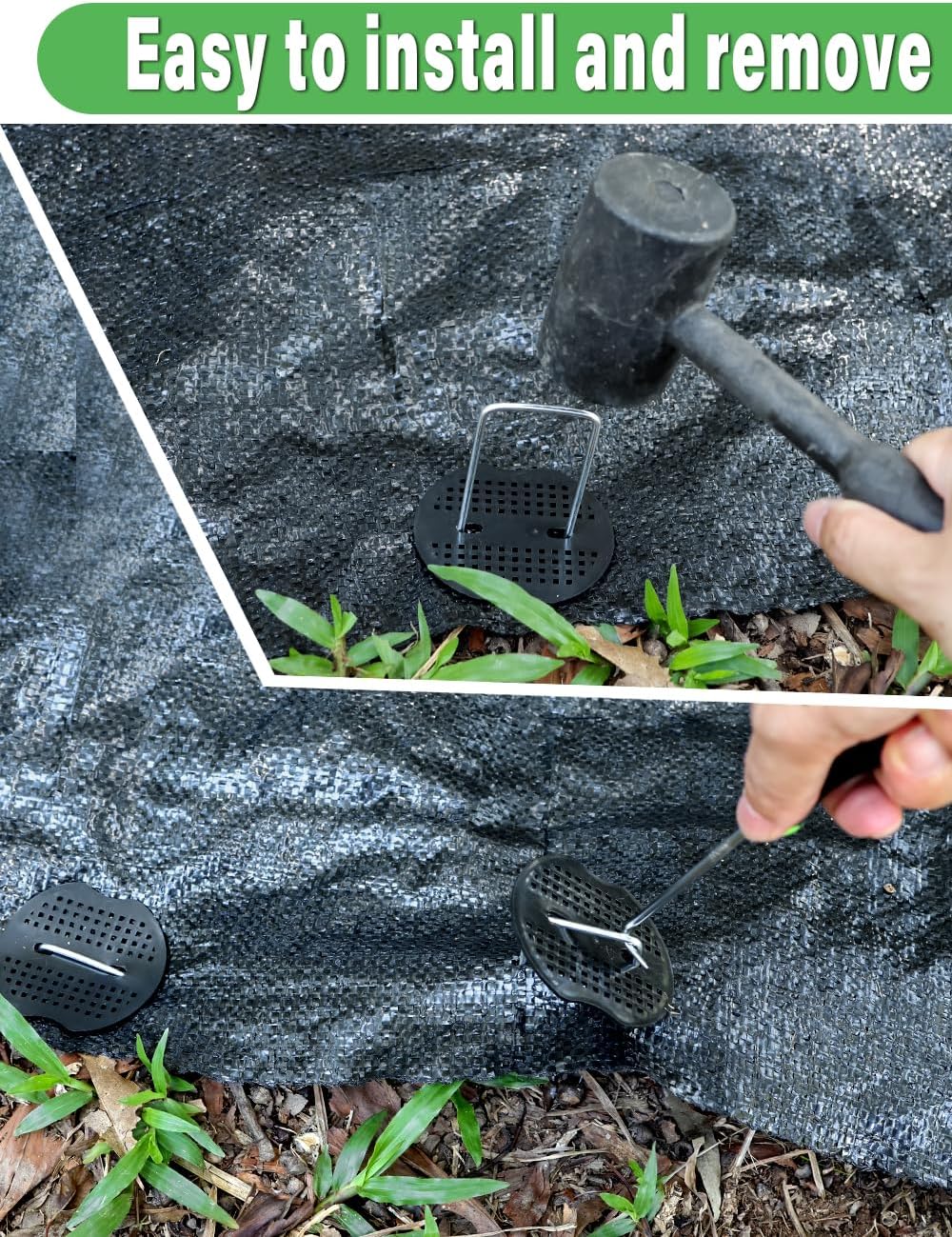 102Pcs 6 Inches Landscape Staples with Gasket Kit. 50Pcs U-Shaped Garden Stakes and Plastic Fixing Gasket, with Pick Hook and Black Hammer. Pins for Tent Turf Weed Barrier Fabric Hose Fence