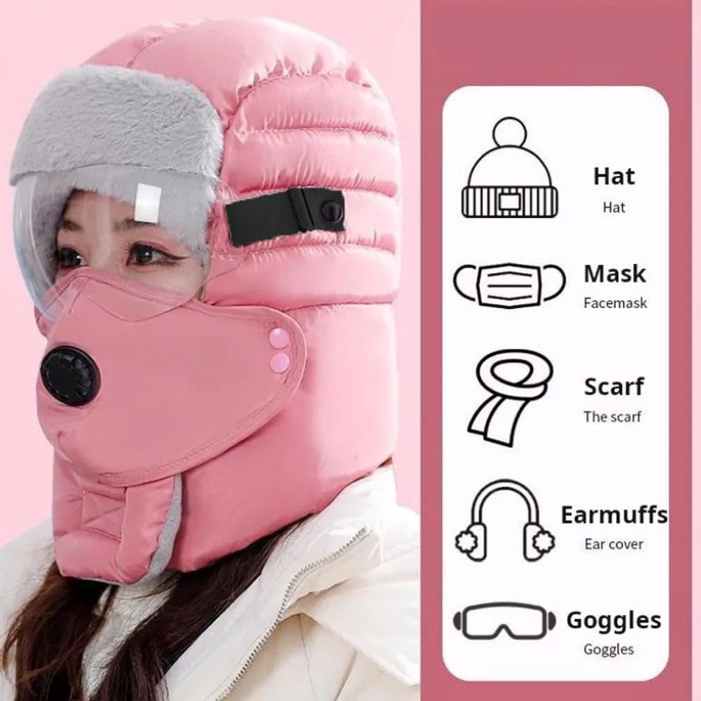Women Windproof Full Cover Balaclava with Glasses Mask,Winter Thermal Thick Ski Cap Camping Hunting Trapper Hat