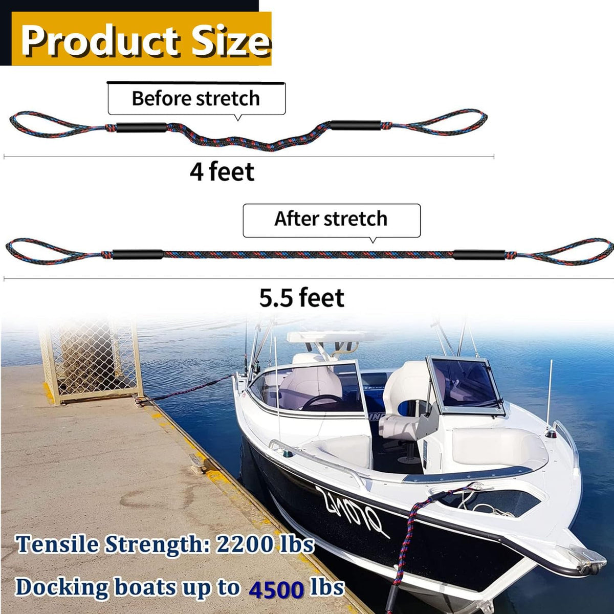 Boat Bungee Dock Lines Boat Marine Rope, Jet Ski Dock, Boating Seadoo Pontoon Waverunner Accessories (Blue, 2 Pcs with Buckles)