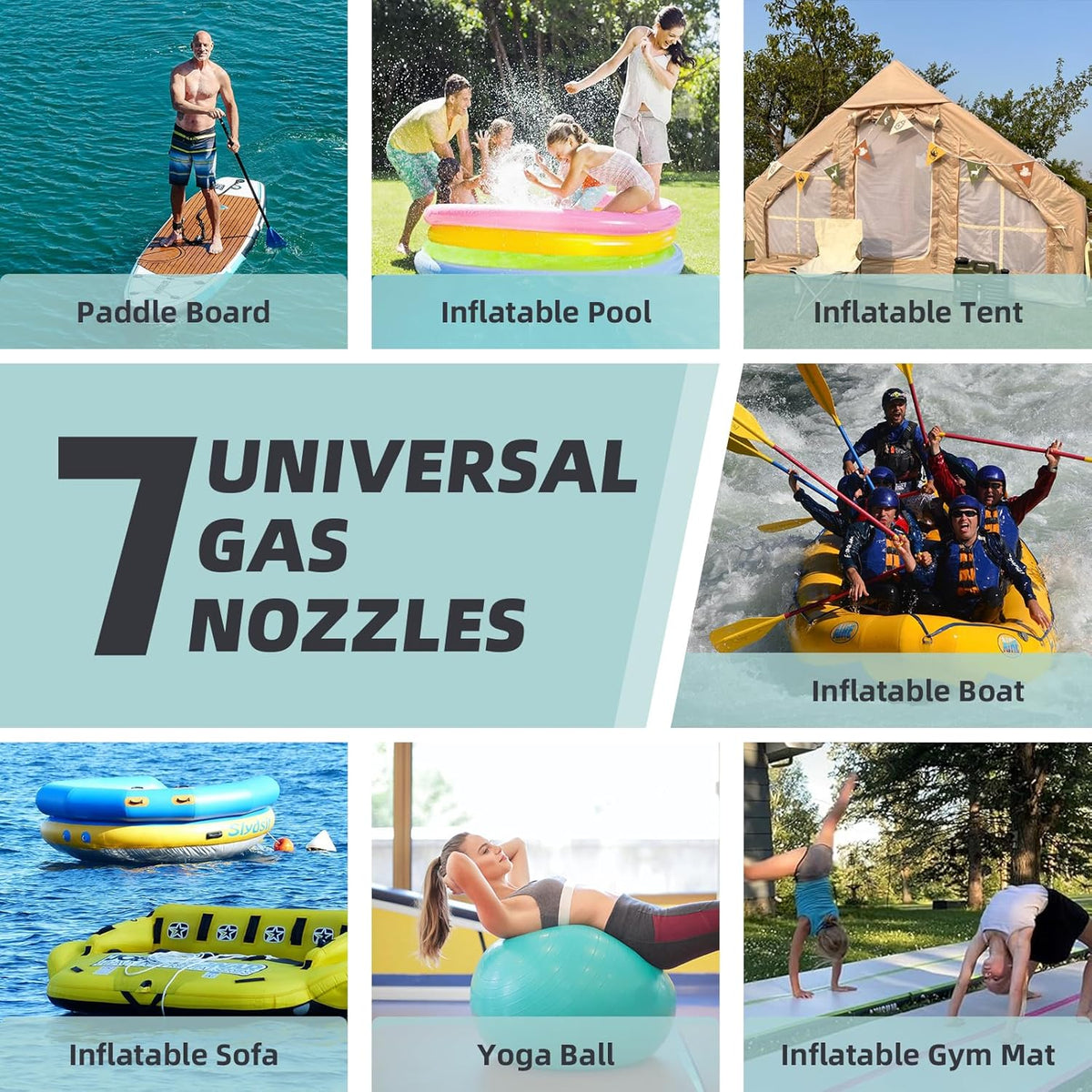 Paddle Board Pump Adapter Hose, Sup Pump Adaptor Hose Kit with 7 Air Valve Nozzles, Electric Air Pump Accessories Fit for Inflatable Stand Up Paddle Board/Boat/Tent/Pool/Mat