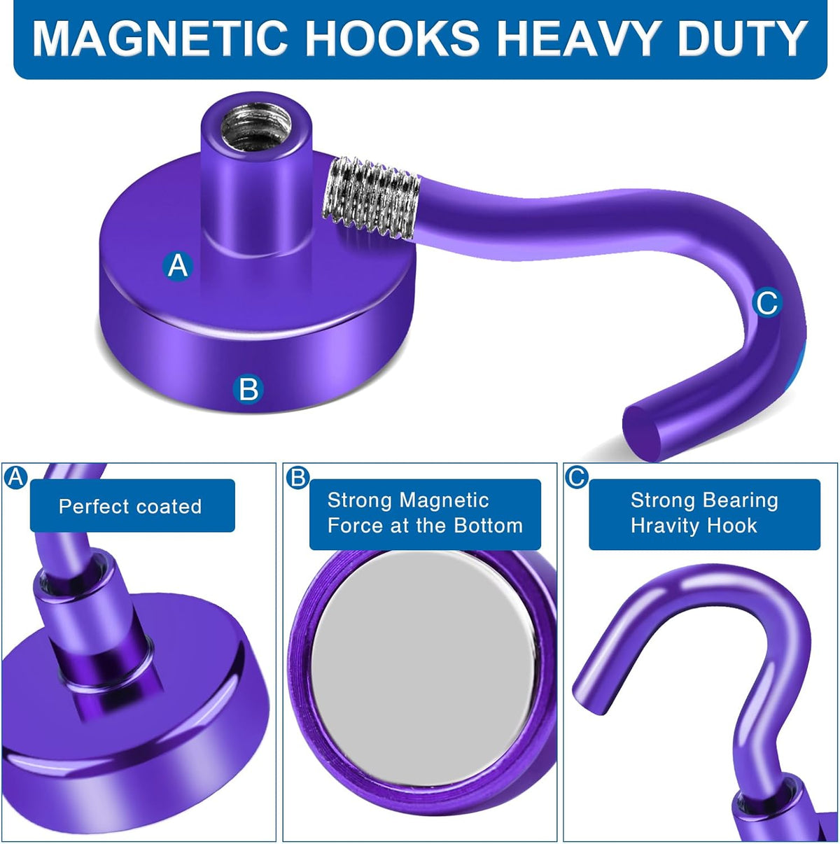 Cruise Essentials, 28lbs Magnetic Hooks for Cabins, Purple Magnets Door, Strong Hanging, Refrigerator, Celling, Grill - 12 Pack