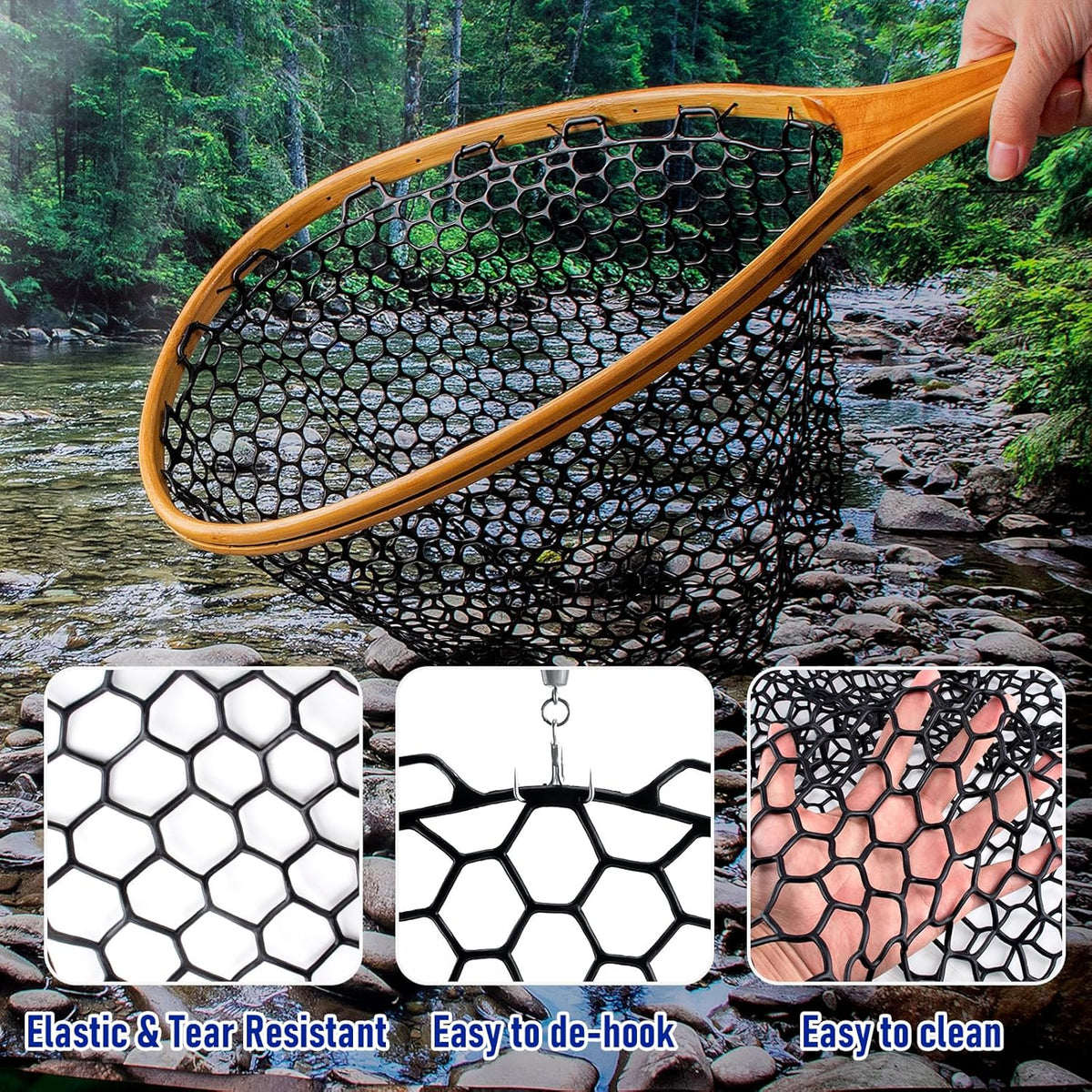 Fishing Landing Net Replacement Rubber Without Handle Foldable Mesh Netting for Freshwater Saltwater Black F-59.06'' Girth(21.65'' Dia, 19.7*5" Depth)
