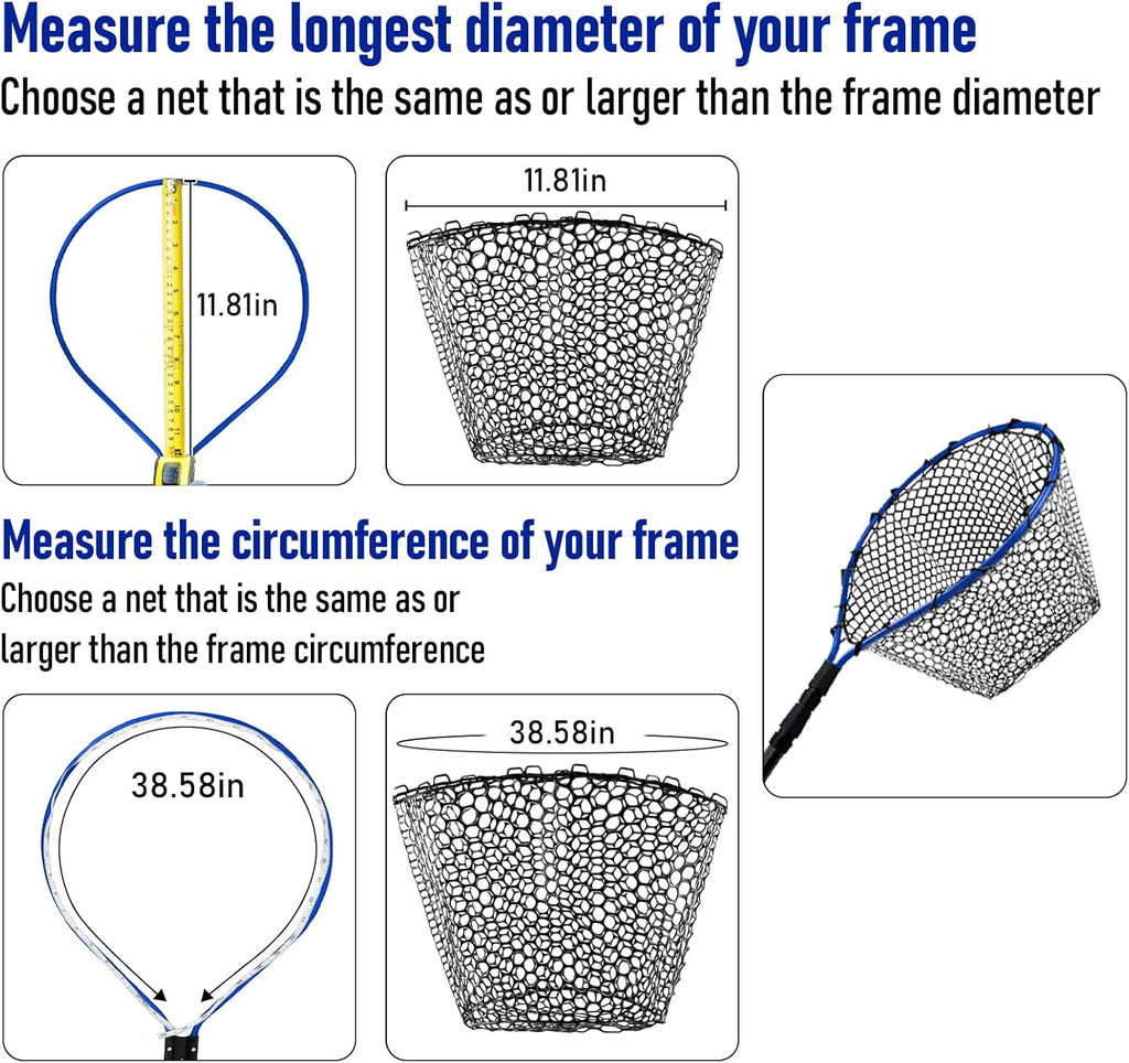 Fishing Landing Net Replacement Rubber Without Handle Foldable Mesh Netting for Freshwater Saltwater Black F-59.06'' Girth(21.65'' Dia, 19.7*5" Depth)