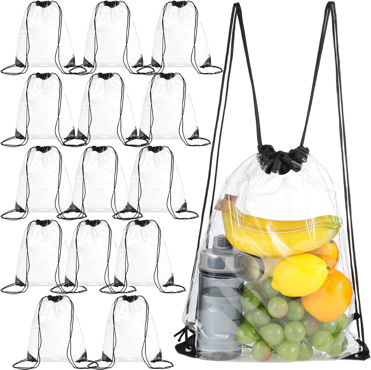 15 Pieces PVC Clear Drawstring Bag Small Waterproof Plastic Backpack For Stadiums Sporting Events (Black) Black -