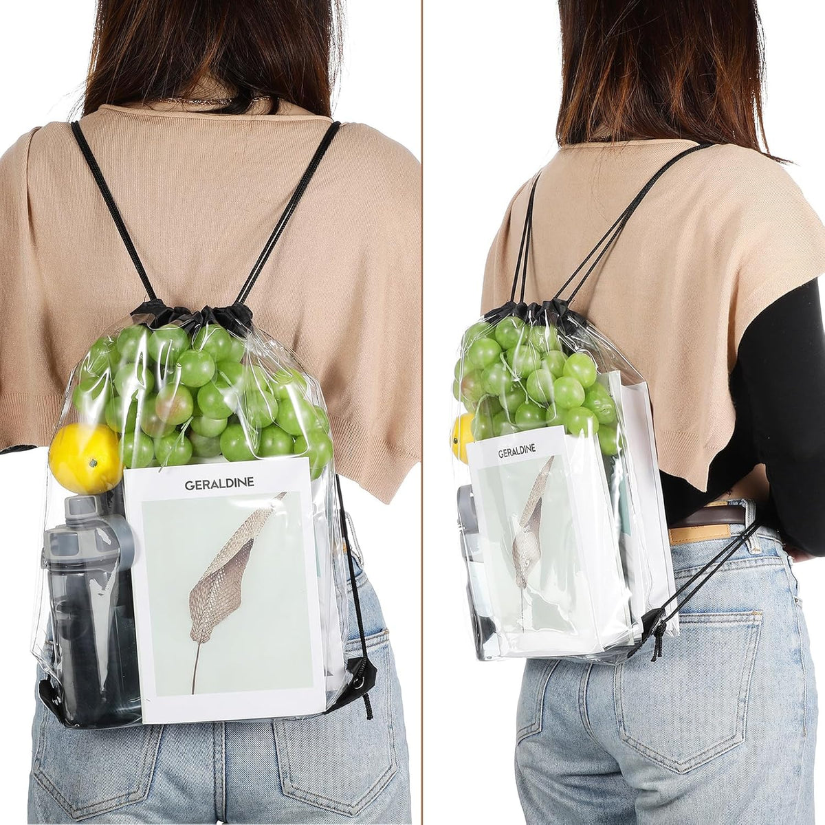 15 Pieces PVC Clear Drawstring Bag Small Waterproof Plastic Backpack For Stadiums Sporting Events (Black) Black -
