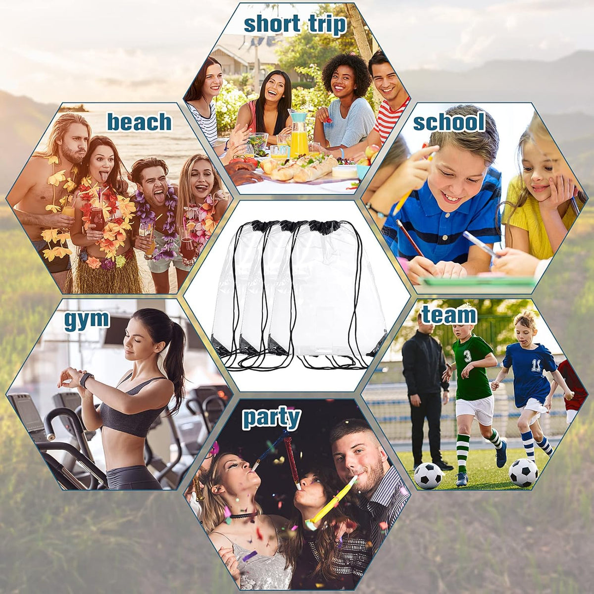 15 Pieces PVC Clear Drawstring Bag Small Waterproof Plastic Backpack For Stadiums Sporting Events (Black) Black -