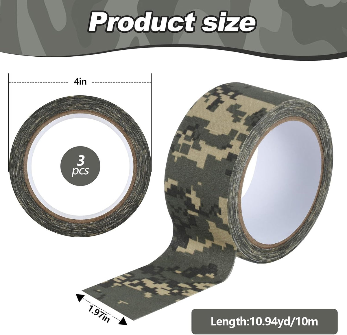 3 Rolls 2" x 32 ft Camo Tape, Self Adhesive Protective Camouflage Tape Waterproof Duct Non Reflective Fabric for Outdoor Hunting Military -