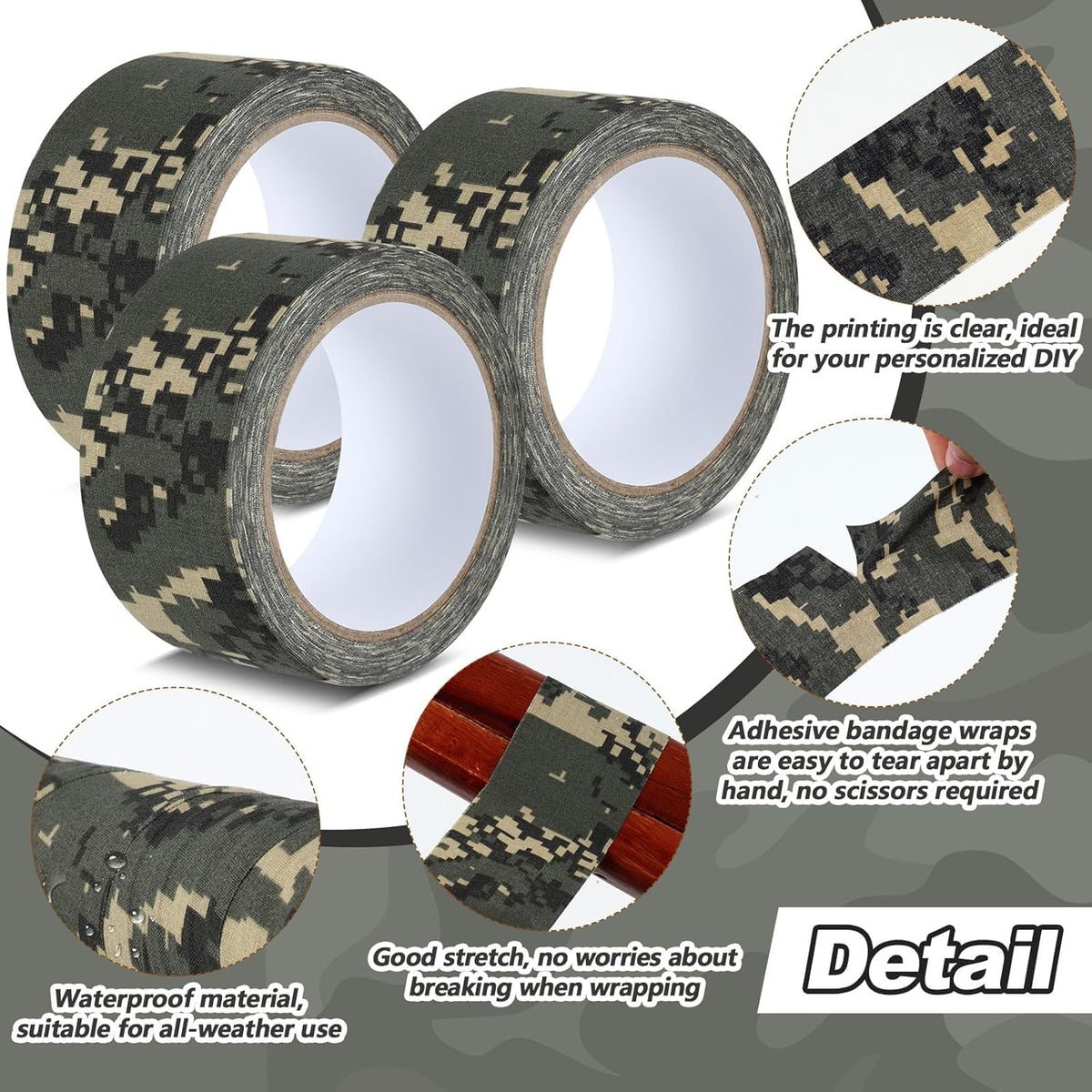 3 Rolls 2" x 32 ft Camo Tape, Self Adhesive Protective Camouflage Tape Waterproof Duct Non Reflective Fabric for Outdoor Hunting Military -