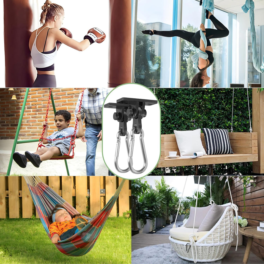 Heavy Duty Swing Hangers 2 Pack - 3000 lbs Capacity Silent Bearing Hooks for Wooden Sets & Concrete Ceiling, 304 Stainless Steel Black Brackets Porch, Yoga, Hammock, Gym Playground