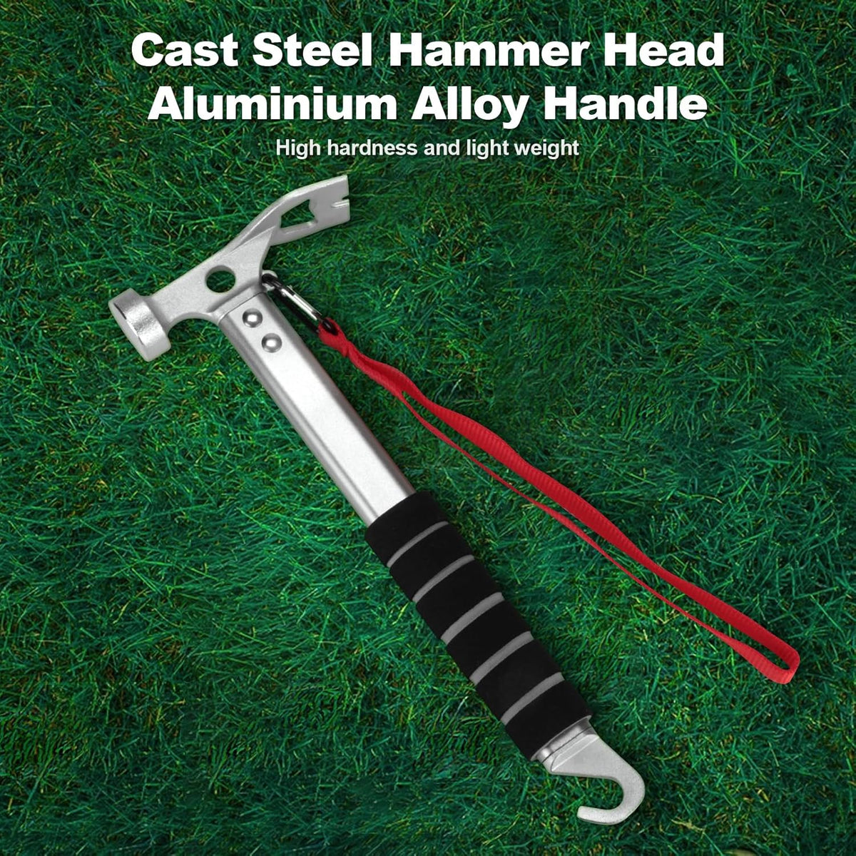 Campinghamer - 3-in-1 - Functional tent peg hammer with puller - For camping, hiking and backpacking - Sponge handle - Non-slip and shock-resistant - Grey - 29.5*11 cm