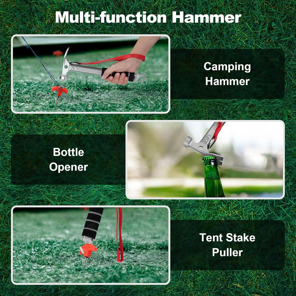 Campinghamer - 3-in-1 - Functional tent peg hammer with puller - For camping, hiking and backpacking - Sponge handle - Non-slip and shock-resistant - Grey - 29.5*11 cm