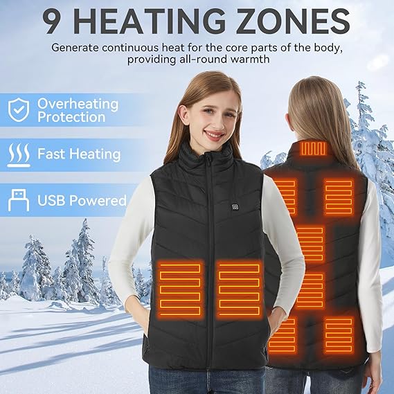 Heated vest for women and men with 9 heating zones, lightweight heating vest for winter (battery not included)