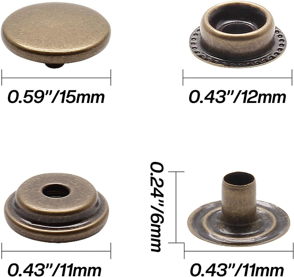 Biaungdo 200pc 15mm Heavy Duty Snap Fasteners Kit, Metal Leather Snap Button Press Stud Cap for Canvas, Marine, Boat, Bronzer (4 Components, 50pc Each)