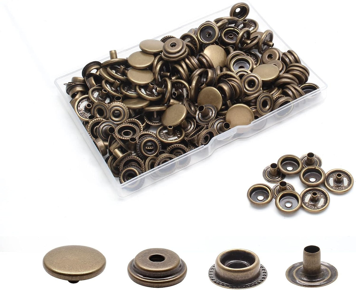 Biaungdo 200pc 15mm Heavy Duty Snap Fasteners Kit, Metal Leather Snap Button Press Stud Cap for Canvas, Marine, Boat, Bronzer (4 Components, 50pc Each)
