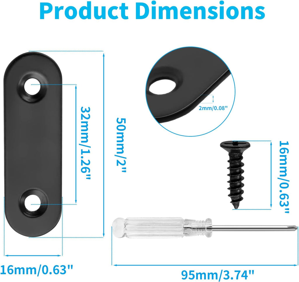 Biaungdo 20 Sets 2" Stainless Steel Flat Plate Straight Bracket, Black Metal Corner Brace Brackets Mending Repair Plate Brace with Screws & Screwdriver for Wood(50mm x 16mm x 2mm)