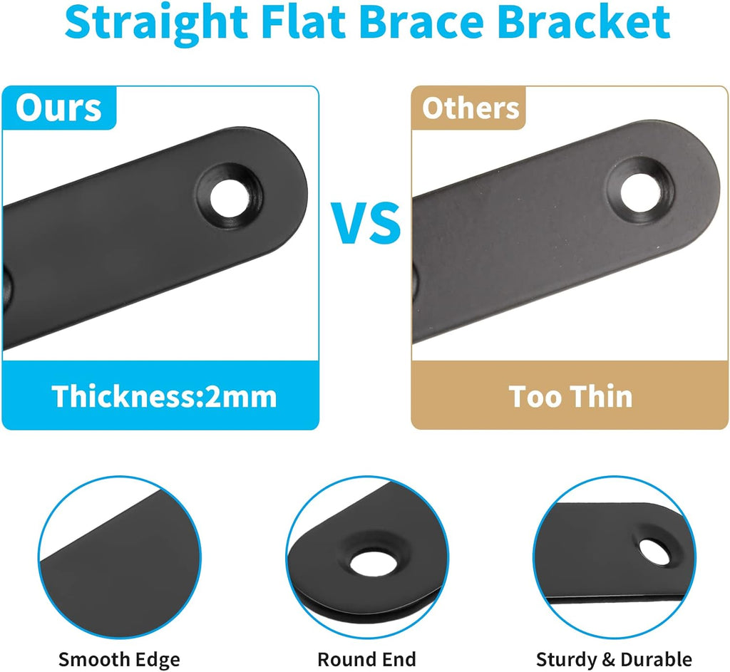 Biaungdo 20 Sets 2" Stainless Steel Flat Plate Straight Bracket, Black Metal Corner Brace Brackets Mending Repair Plate Brace with Screws & Screwdriver for Wood(50mm x 16mm x 2mm)