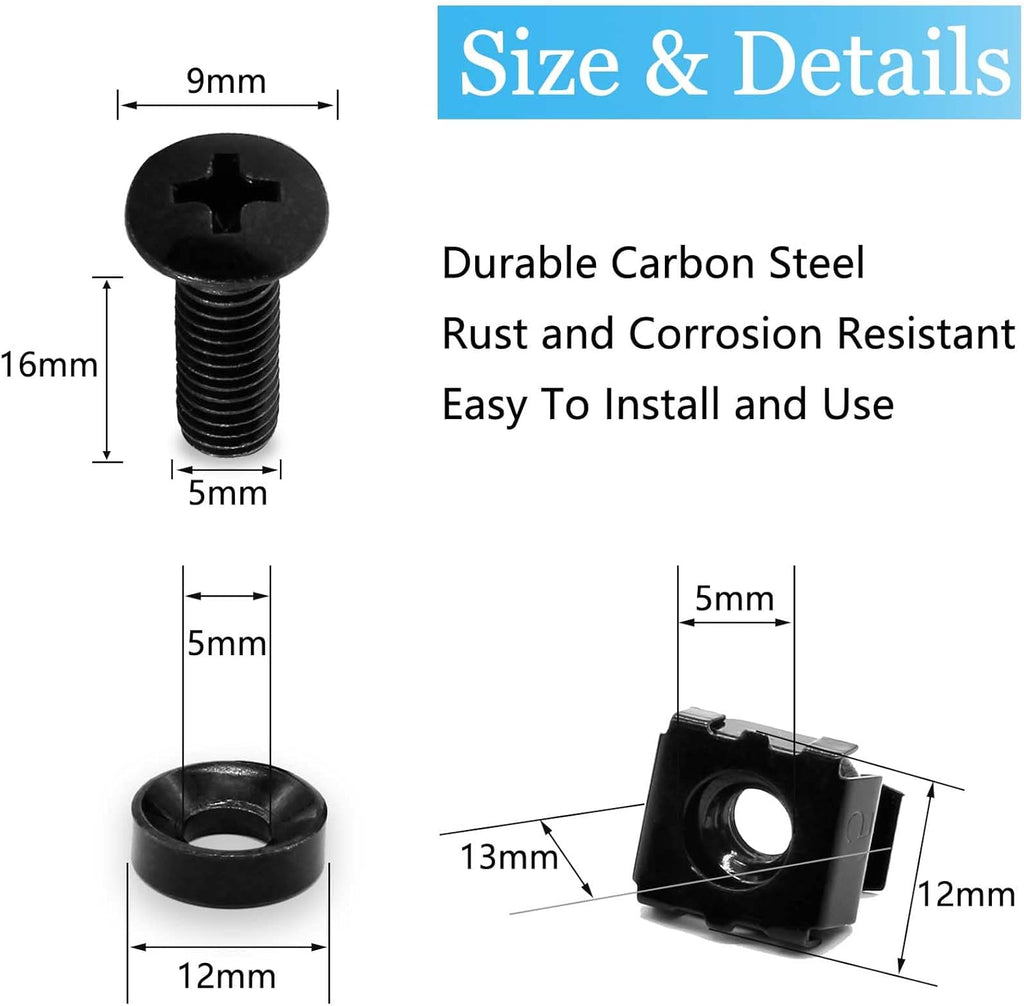Biaungdo 30 Pcs M5 x 16mm Rack Screws and Cage Nuts, Computer Rack Mount Cage Screws & Nuts & Washers for Server Console Mounting, Rack Mount, Cabinets(Black)