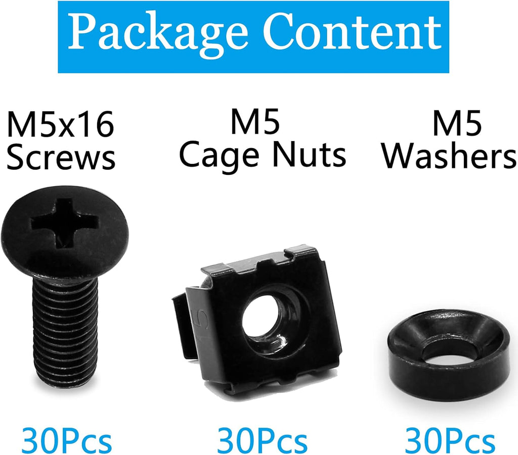 Biaungdo 30 Pcs M5 x 16mm Rack Screws and Cage Nuts, Computer Rack Mount Cage Screws & Nuts & Washers for Server Console Mounting, Rack Mount, Cabinets(Black)
