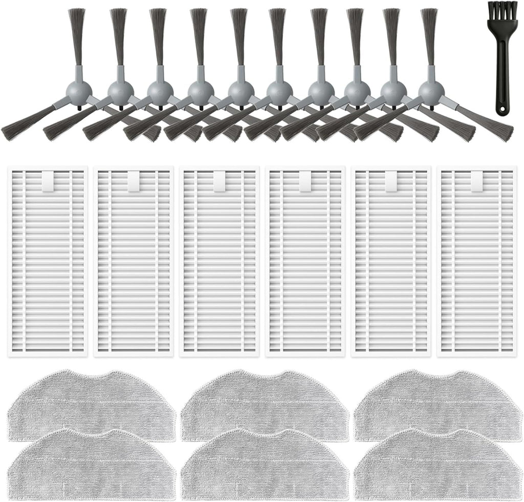 Accessories Kit or ROPVACNIC S1, or Tipdiy G90, or betboyles V75S, or VIPSUN Z1, or PrettyCare C2 Robot Vacuum Replacement Parts, 10 Side Brush, 6 HEPA ilter, 6 Mop Pad