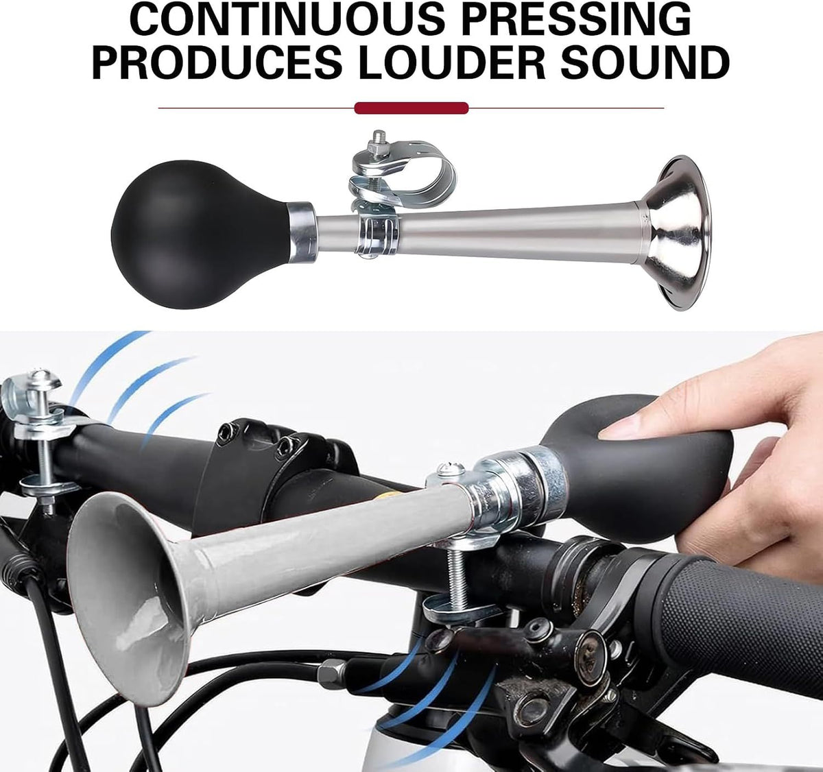 Bike Horn, 7.8" Air Horn with Loud Decibel Sound, Classic Squeeze Handlebar Reminder Bell for Adults Kids, Universal Safety Warning Device for Most Mountain Bike Scooter Ebike (Silver)