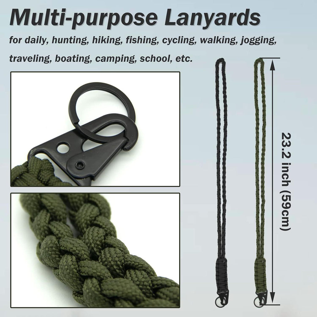 2 Pieces Heavy Duty Paracord Lanyard Braided 550 Necklace Keychains Whistles Wrist Strap Parachute Rope for Outdoor Activities, Camera, ID Card Badge Holder, Wallet and Keys (Black + Olive Green)